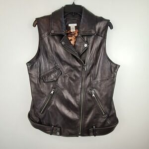 Cache Women's Black Genuine Leather Moto Vest Leopard Print Lining Large Biker